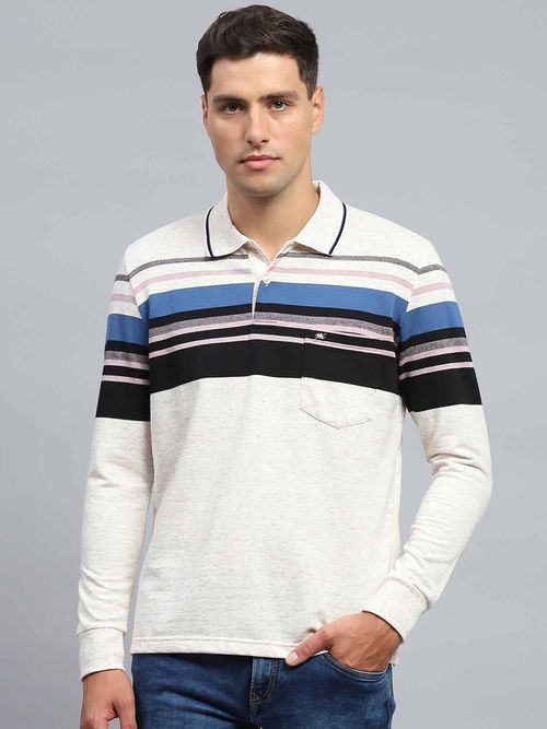 Monte Carlo Men Striped Black White Collar Neck Full Sleeve Polo T-Shirt