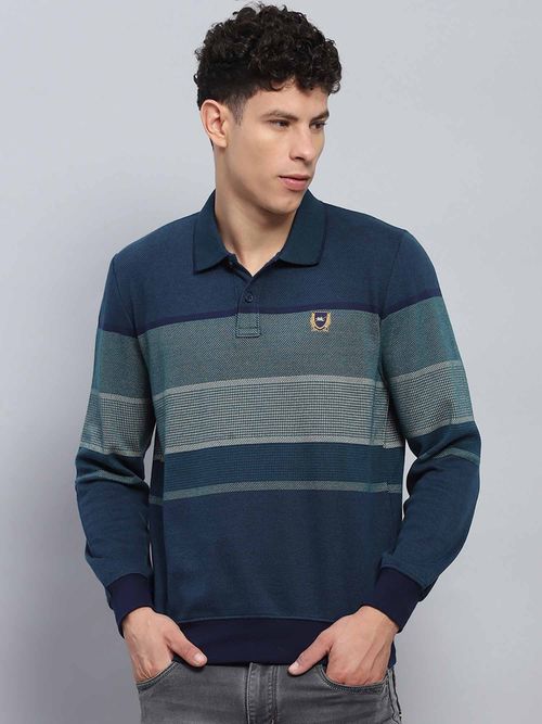 Buy Monte Carlo Men Colorblock Teal Collar Neck Full Sleeve Polo T