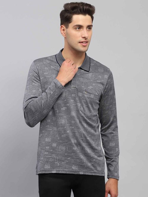 Monte Carlo Men Printed Grey Collar Neck Full Sleeve Polo T-Shirt