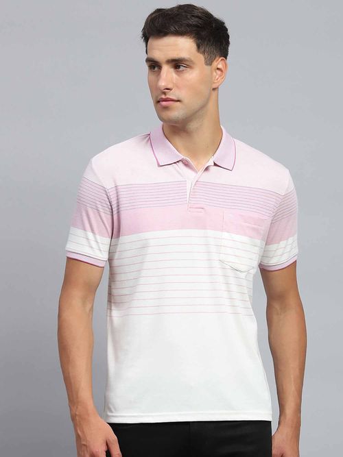 Monte Carlo Men Striped Pink Collar Neck Half Sleeves Polo T-Shirt