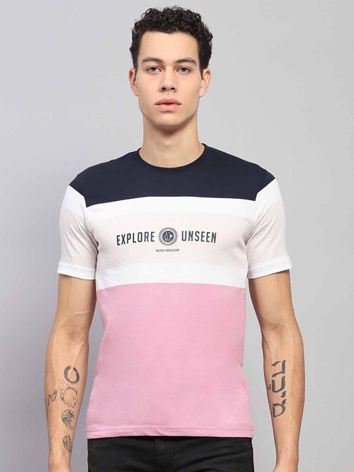 Monte Carlo Men Colorblock White Pink Round Neck Half Sleeve T-Shirt