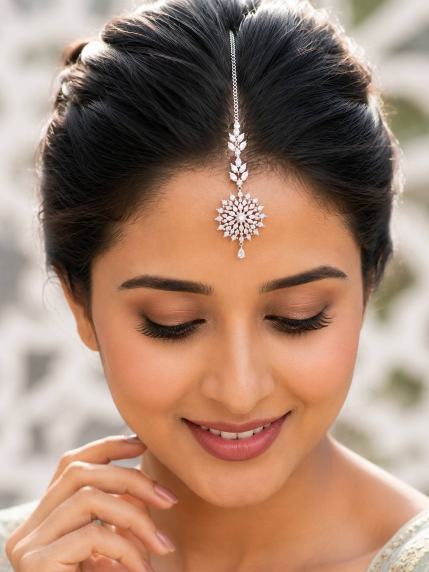 SUGARFRILL Rhodium Plated American Diamond CZ Floral Maang Tikka