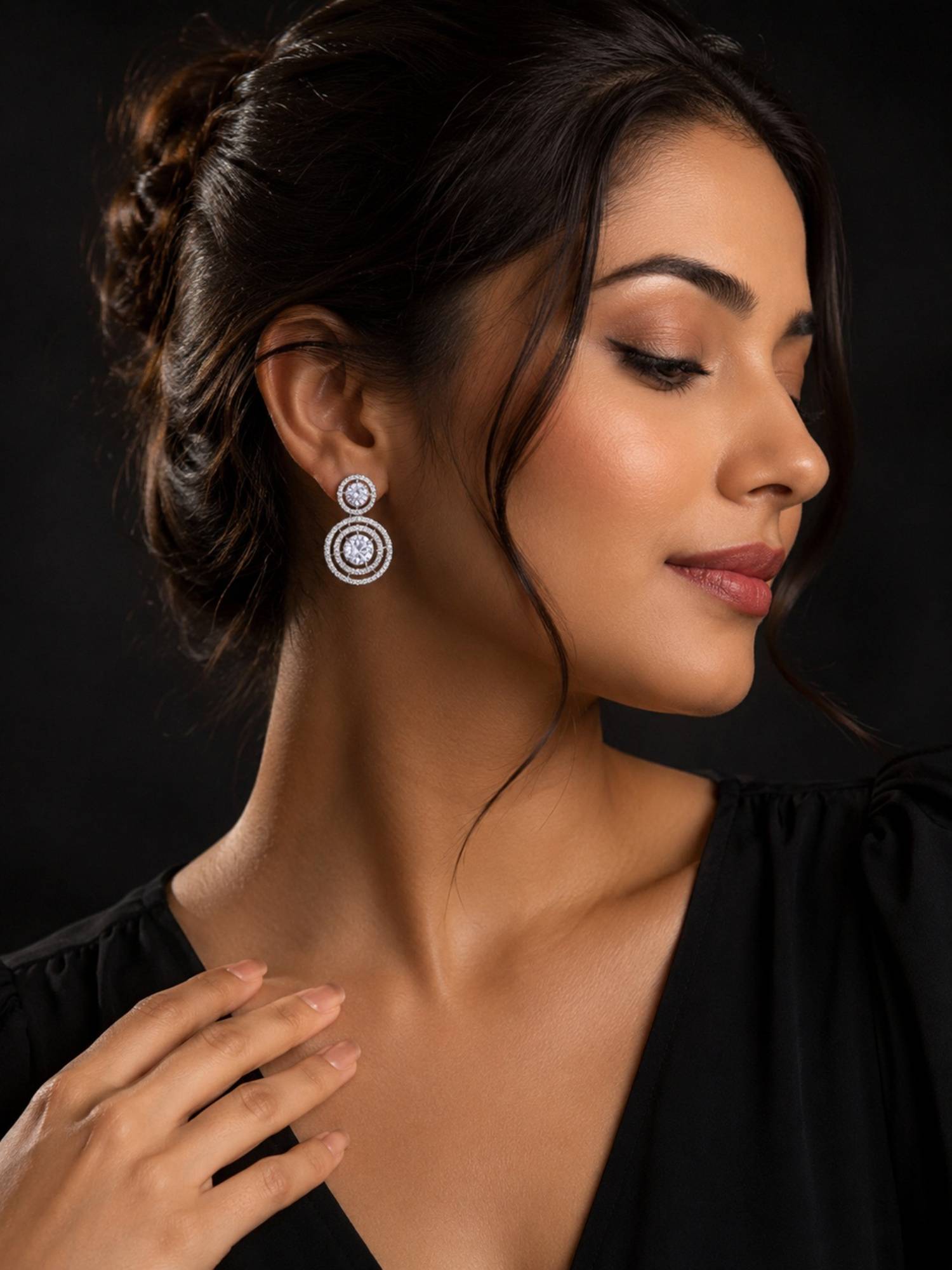 SUGARFRILL Rhodium Plated American Diamond CZ Double Circle Drop Earrings