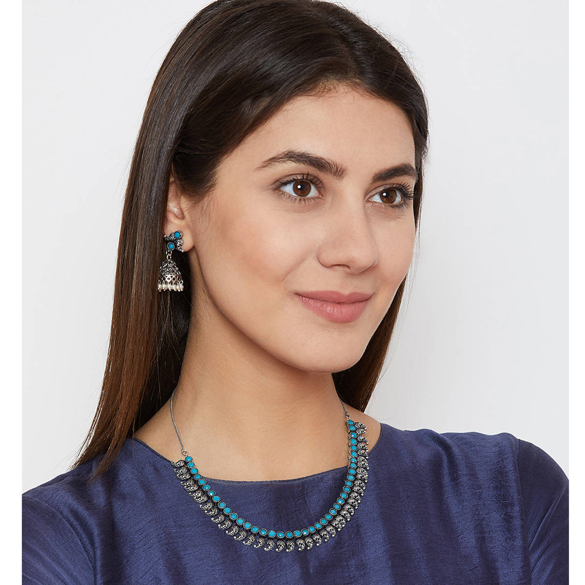 PANASH Women Oxidised Silver-Plated & Blue Stone-Studded Handcrafted Jewellery Set