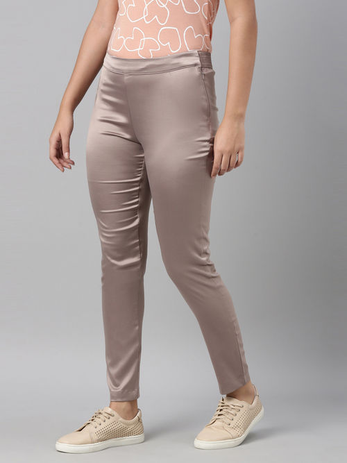 Go Colors Women Dark Solid Polyester Mid Rise Shiny Pants - Pink (L)