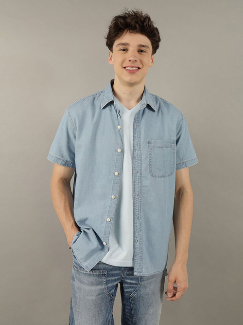 American Eagle Mens Blue Short Sleeve Denim Button-Up Shirt
