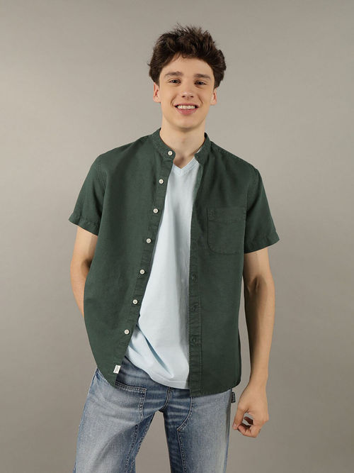 Buy American Eagle Mens Green Short-Sleeve Linen Button-Up Shirt Online