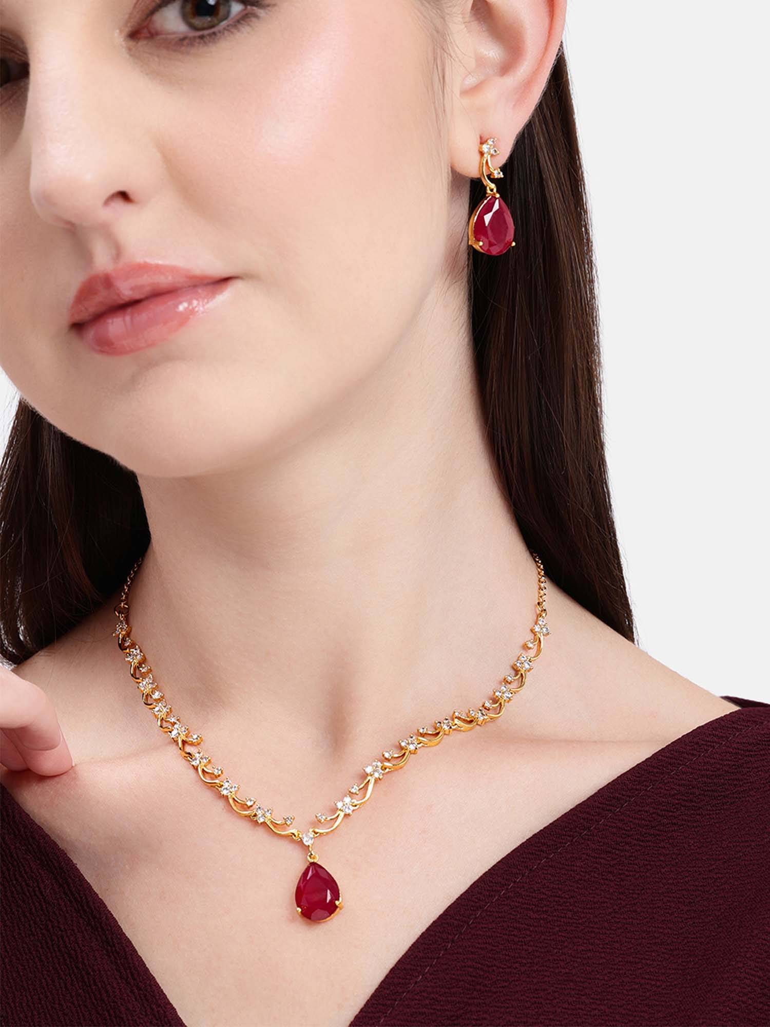 Estele Elegant Ruby Teardrop Cz Necklace Set