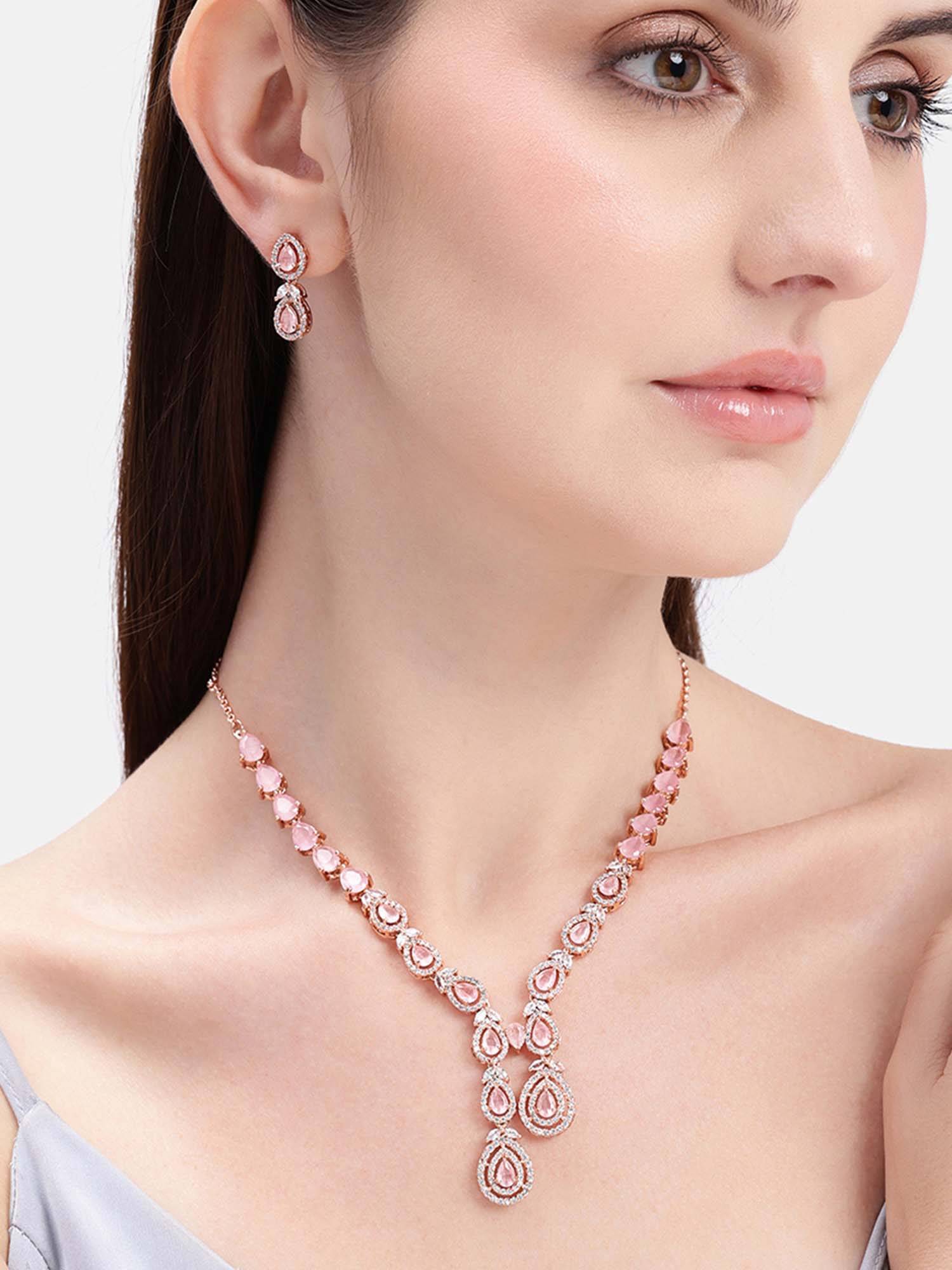 Estele Statement Drop Rosegold Plated Mint Pink Cz Party Wear Jewellery Necklace Set