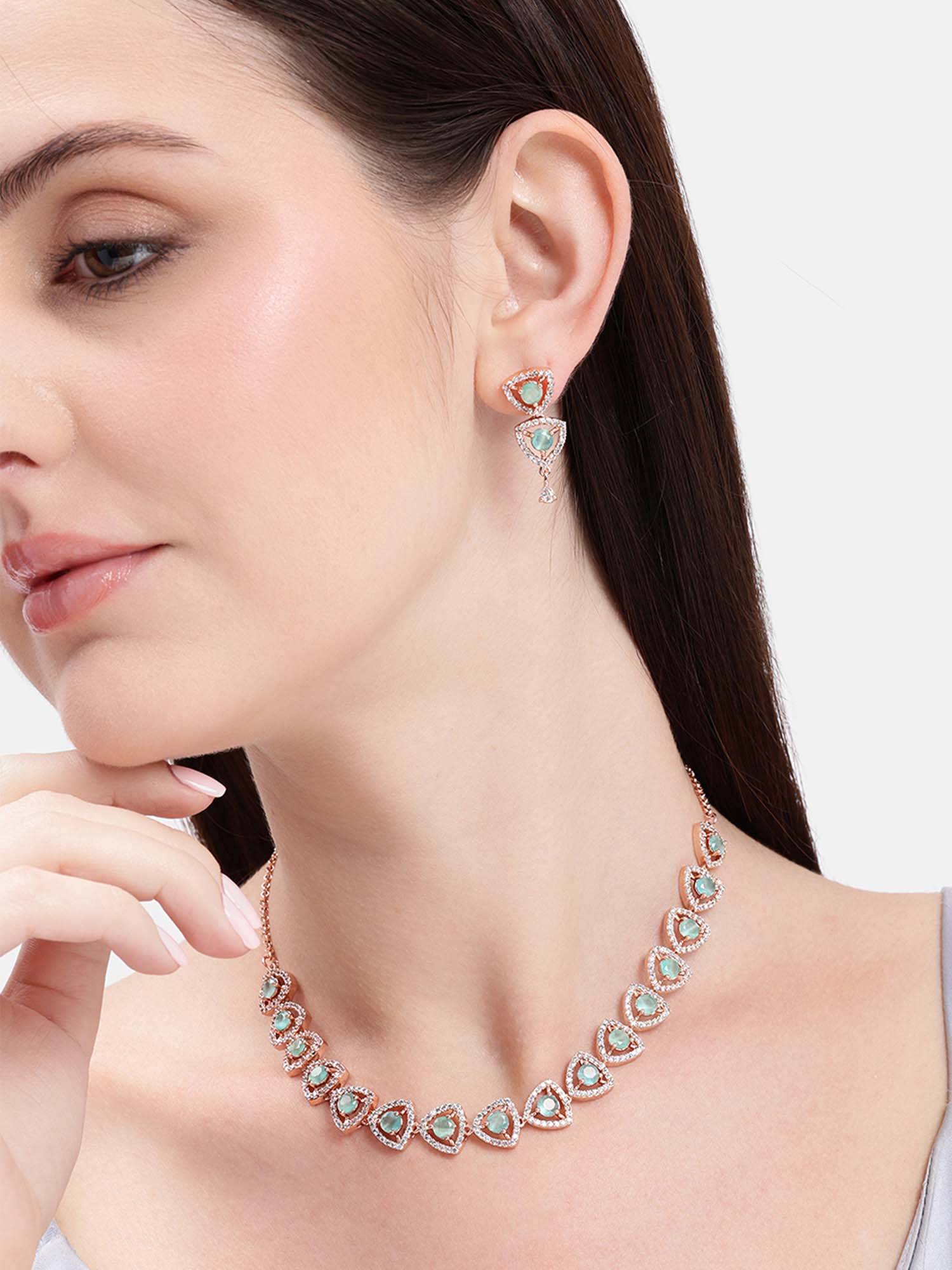 Estele Geometric Halo Design Rosegold Blue Cz Necklace Set