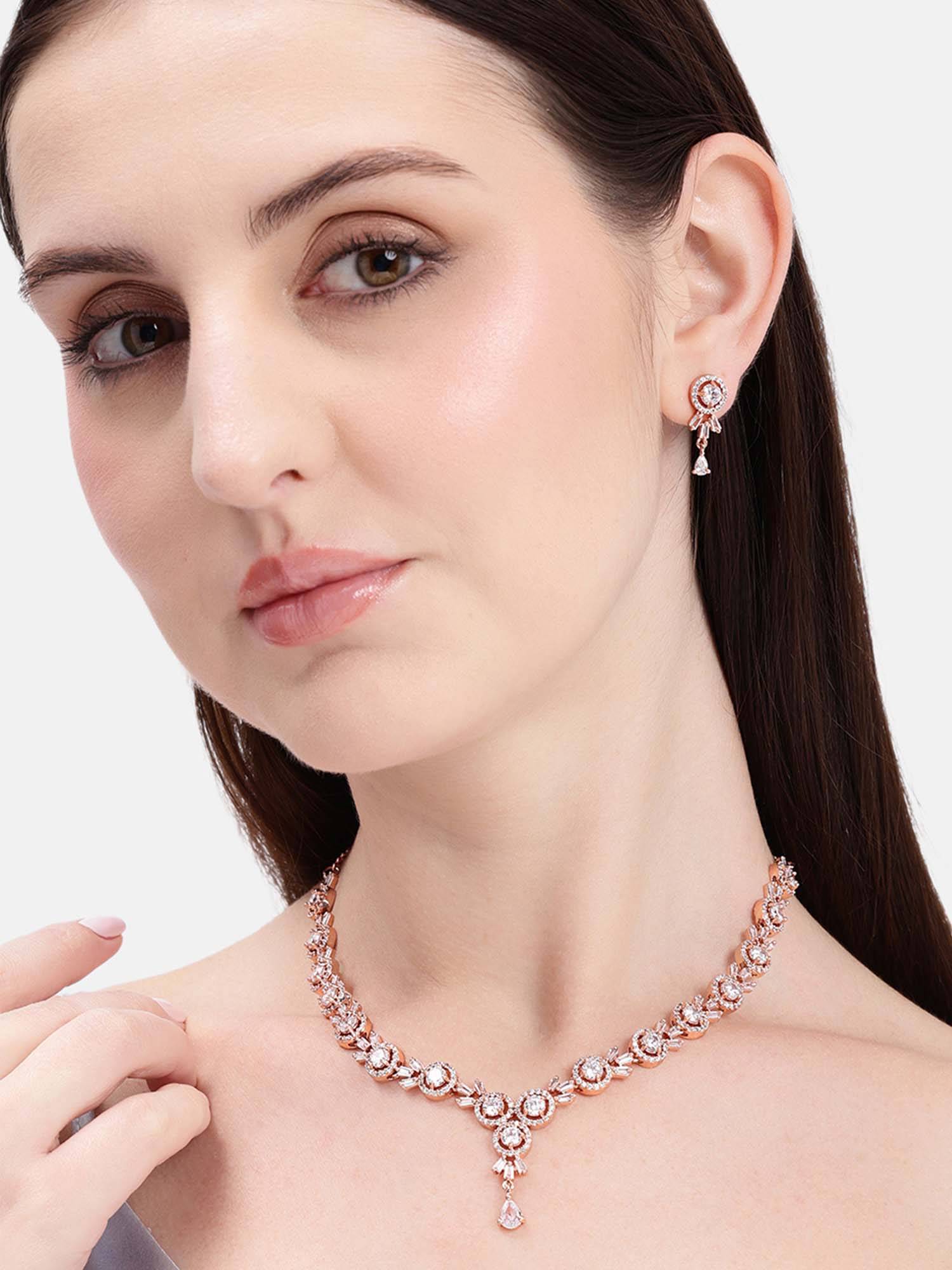 Estele Floral Cluster Rose Gold Plated White Cz Necklace Set