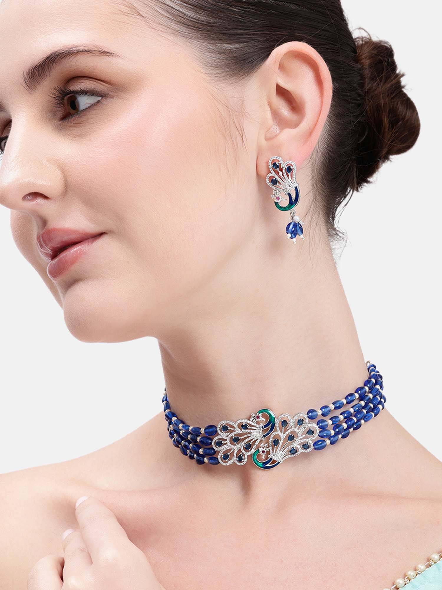 Estele Morbagh Blue Beaded Cz Statement Choker Set
