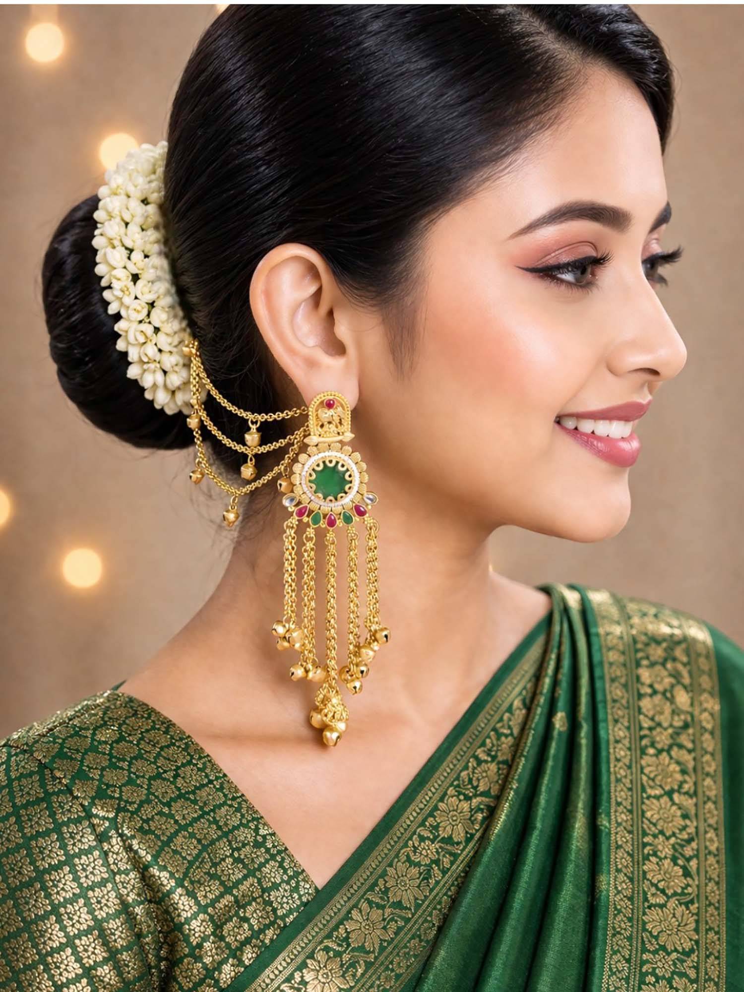 OOMPH Green Heritage Hair Kaan Chain Ghungroo Detailing Kashmiri Drop Earrings