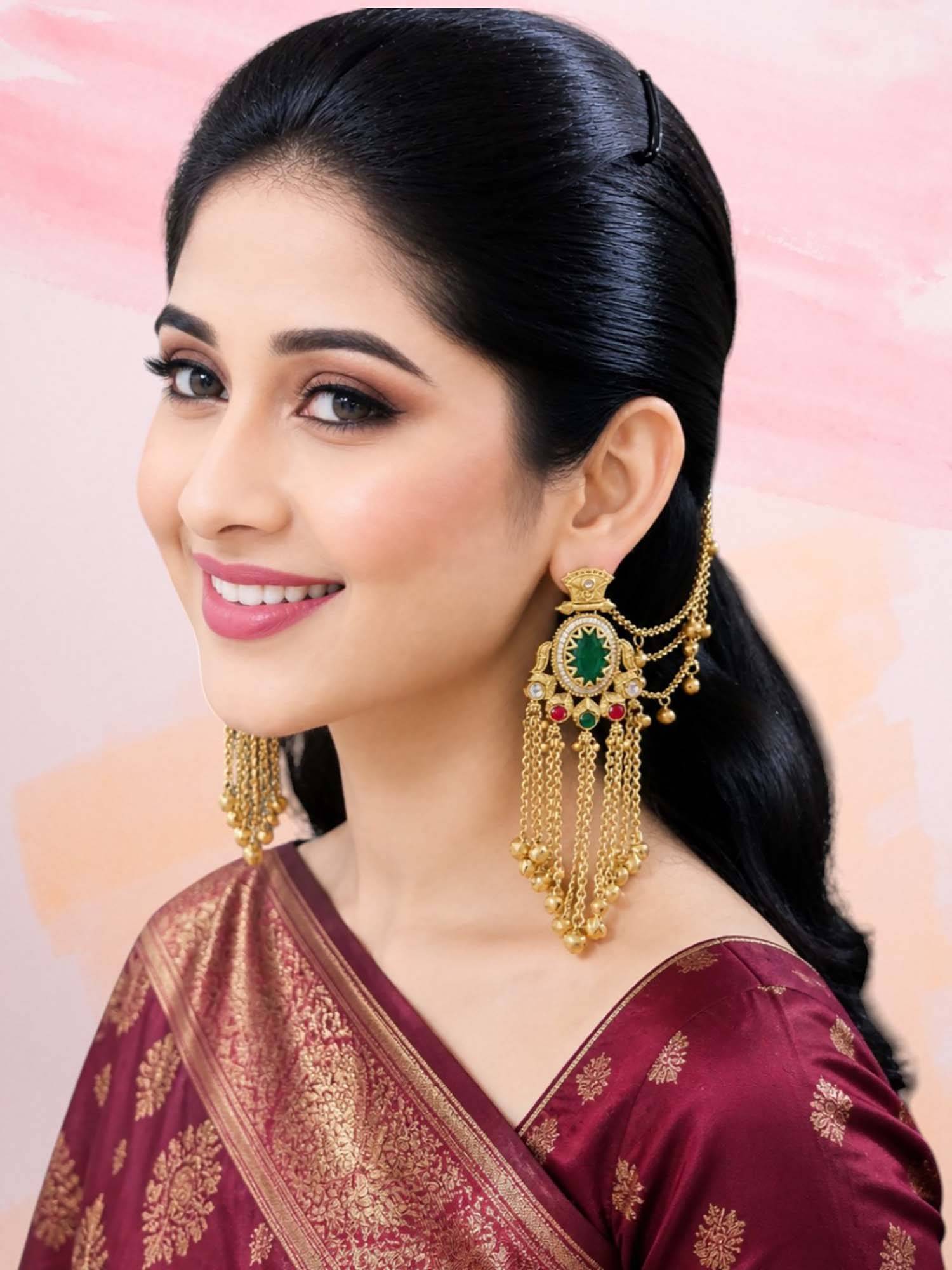 OOMPH Green Heritage Hair Kaan Chain Ghungroo Detailing Kashmiri Drop Earrings
