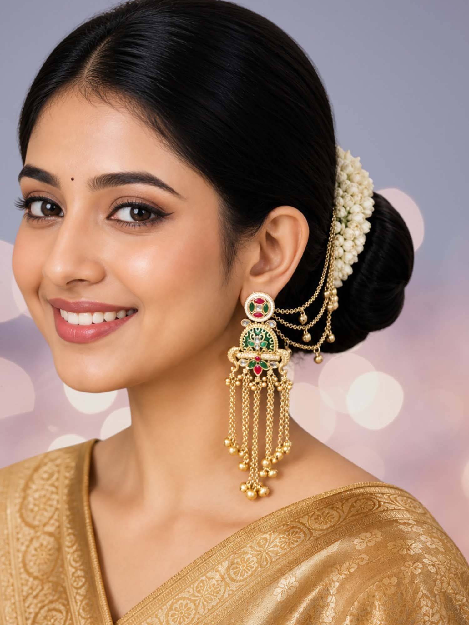 OOMPH Gold Heritage Hair Kaan Chain Ghungroo Detailing Kashmiri Drop Earrings