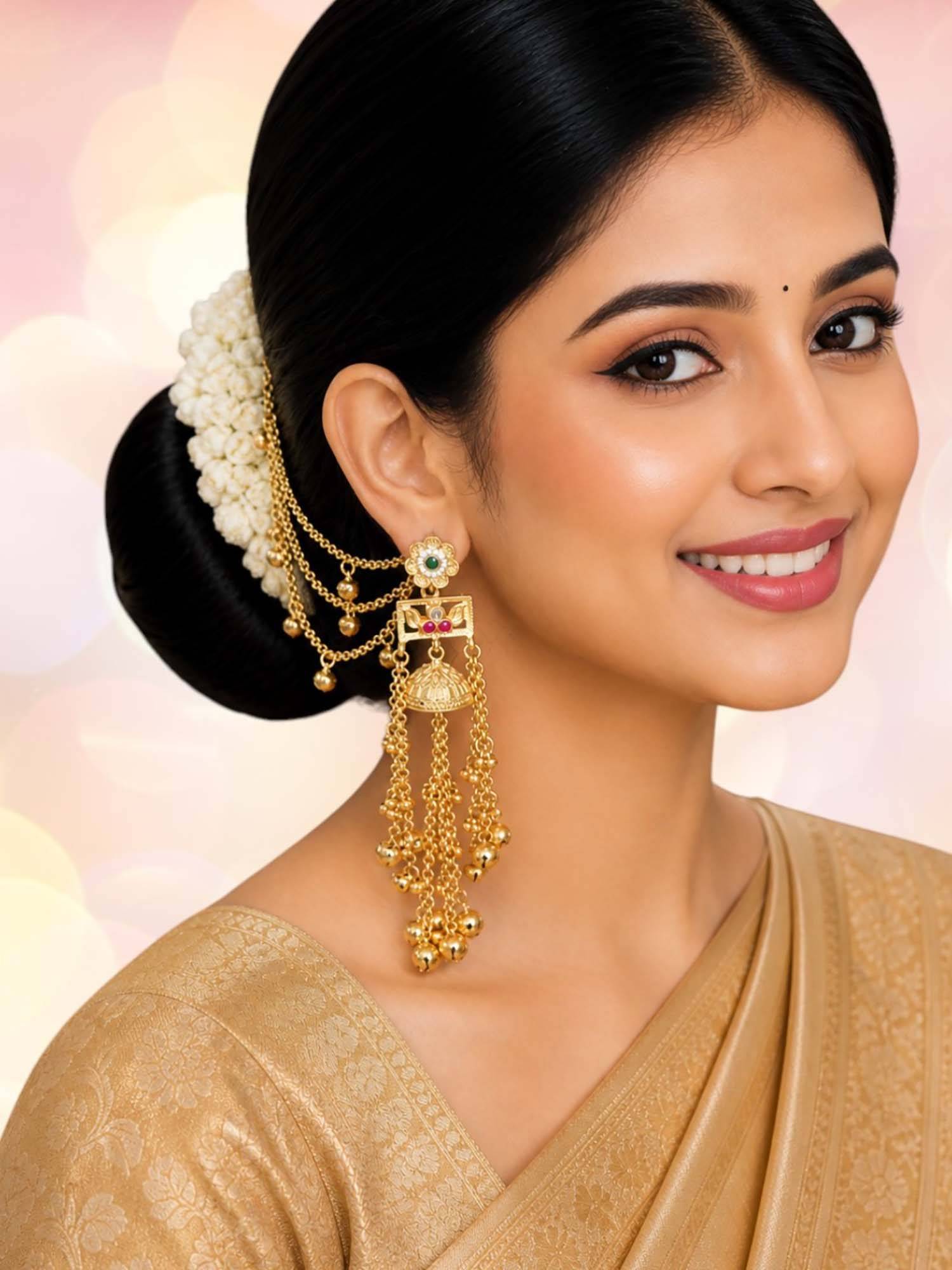 OOMPH Gold Heritage Hair Kaan Chain Ghungroo Detailing Kashmiri Jhumkas