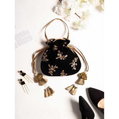 Buy AMYRA Black Velvet Embroidered Potli Bag Online