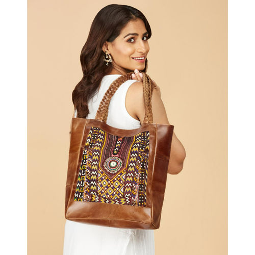 Fabindia Brown Leather Embroidered Double Handle Tote Bag