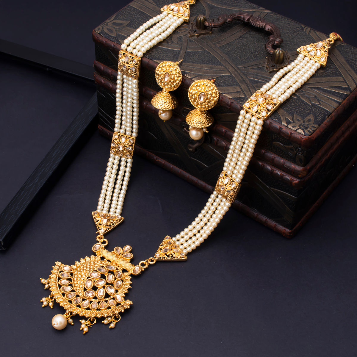 Sukkhi Classic Lct Gold Plated Wedding Jewellery Pearl Long Haram Necklace Set For Women N83782