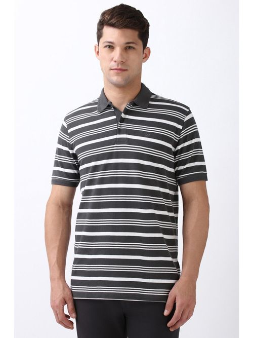 Buy Peter England Men Grey Stripe Polo Neck Polo T-Shirts Online