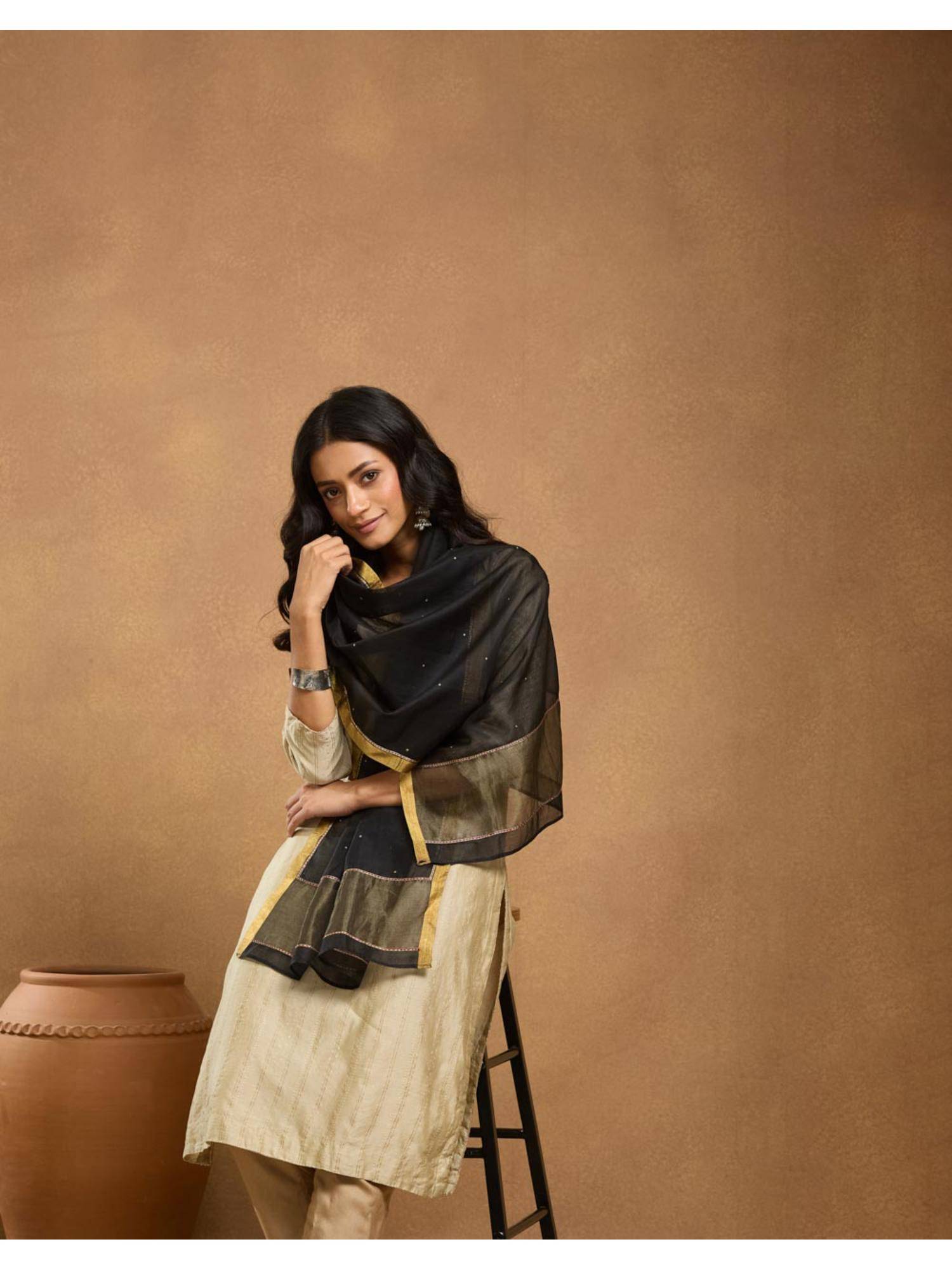Fabindia Black Cotton Silk Blend Hand Embroidered Stole