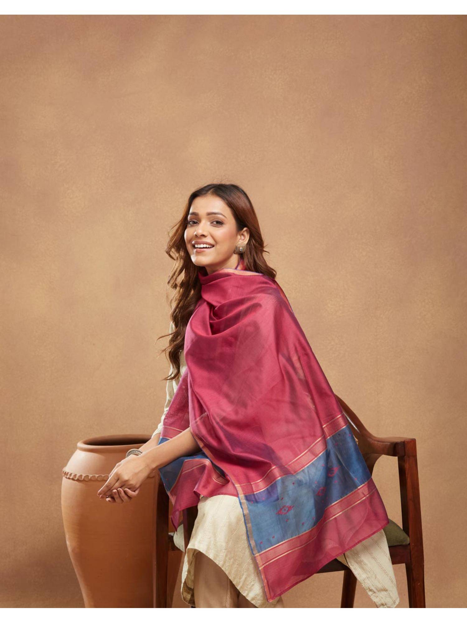 Fabindia Maroon Viscose Silk Blend Jamdani Stole