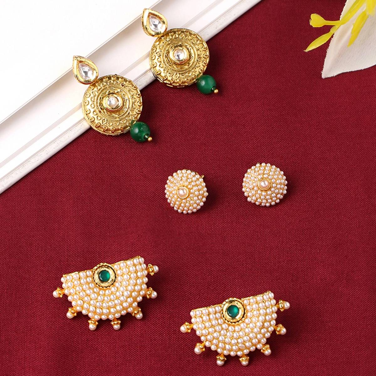 Yellow Chimes Set of 3 Pairs Gold Plated Pearl Earrings