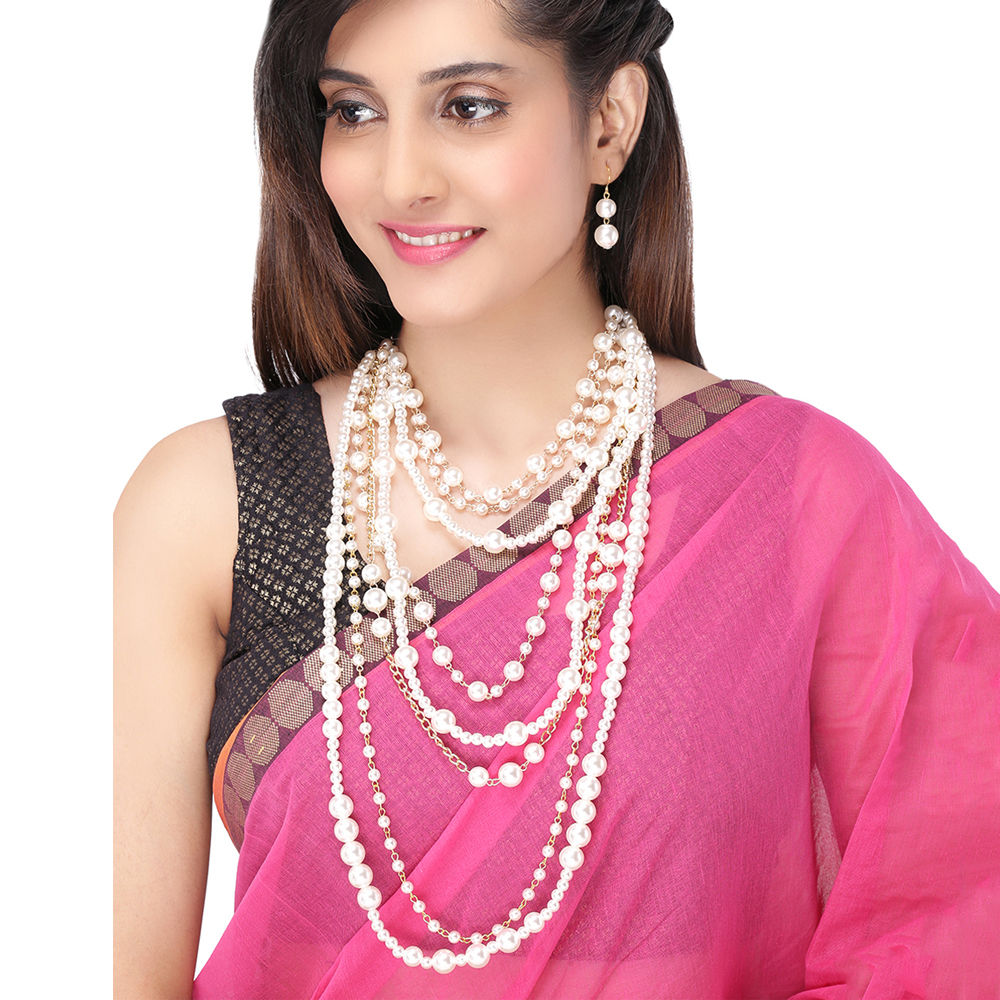 Yellow Chimes GoldToned White Pearl Multilayer Long Necklace Set Buy