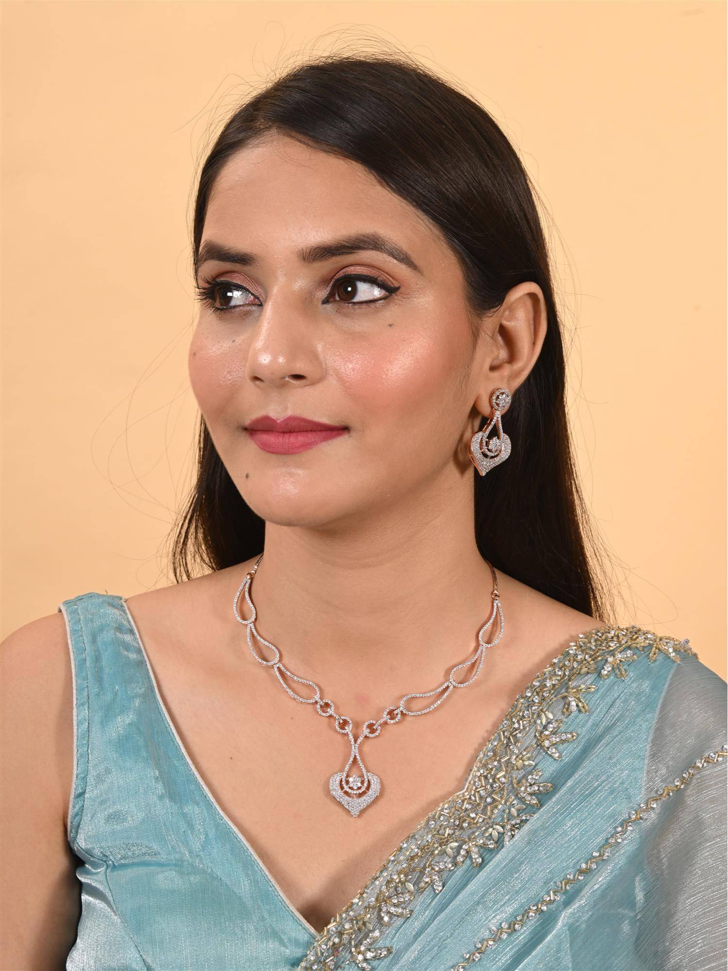 Ratnavali Jewels Rose Gold Plated American Diamond Cz Jewellery Set