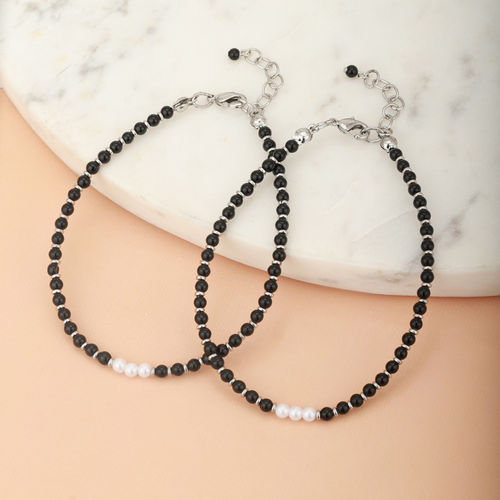 Carlton London Set of 2 Silver-Toned & Black Rhodium-Plated Beaded ...