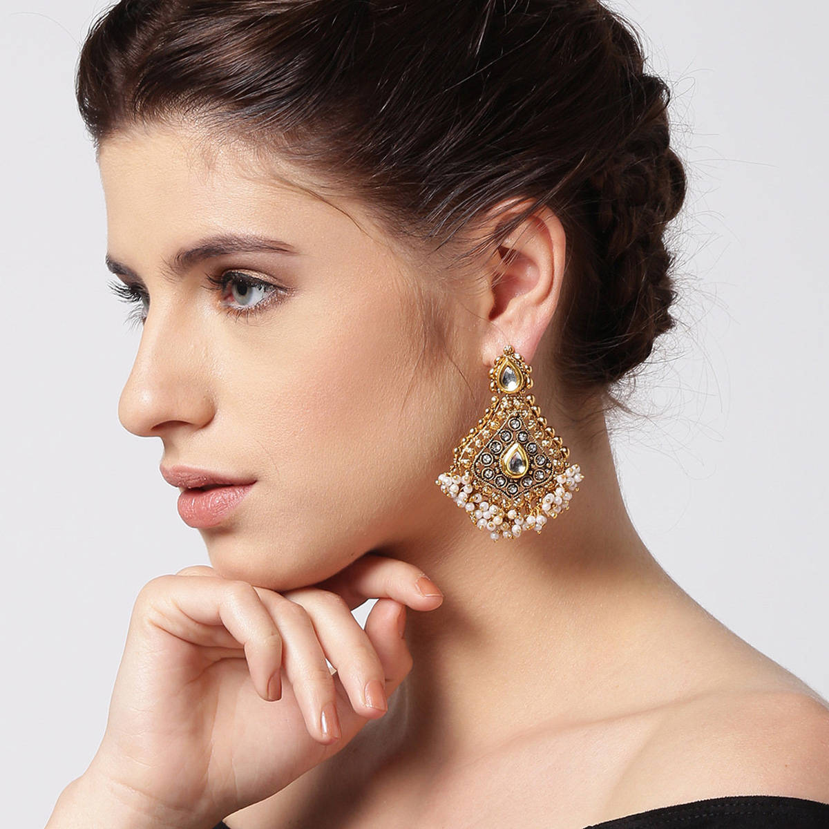 PANASH Gold-Plated Stone-Studded Antique Drop Earrings