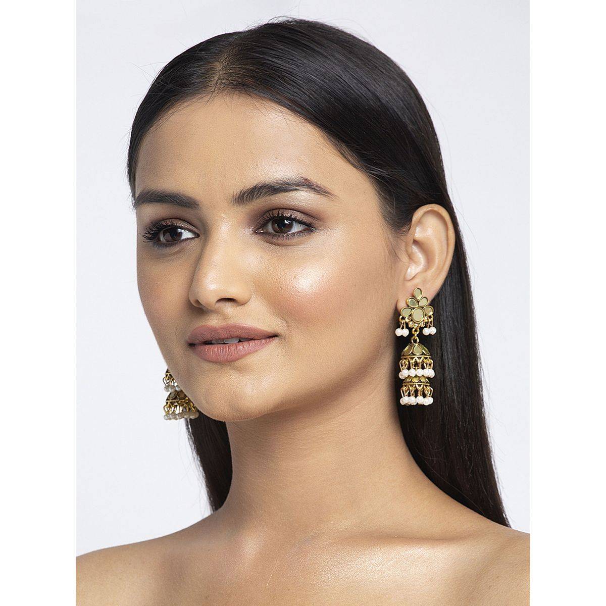Moedbuille Mirror Studded Oxidised Gold Plated Handcrafted Layered Design Jhumkas