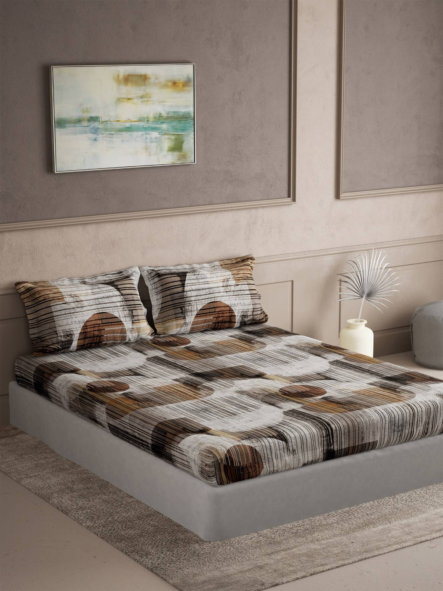 Ddecor Live Beautiful 100% Cotton Elemental Abstract Superking Bedsheet with 2 Pillow Cover Brown