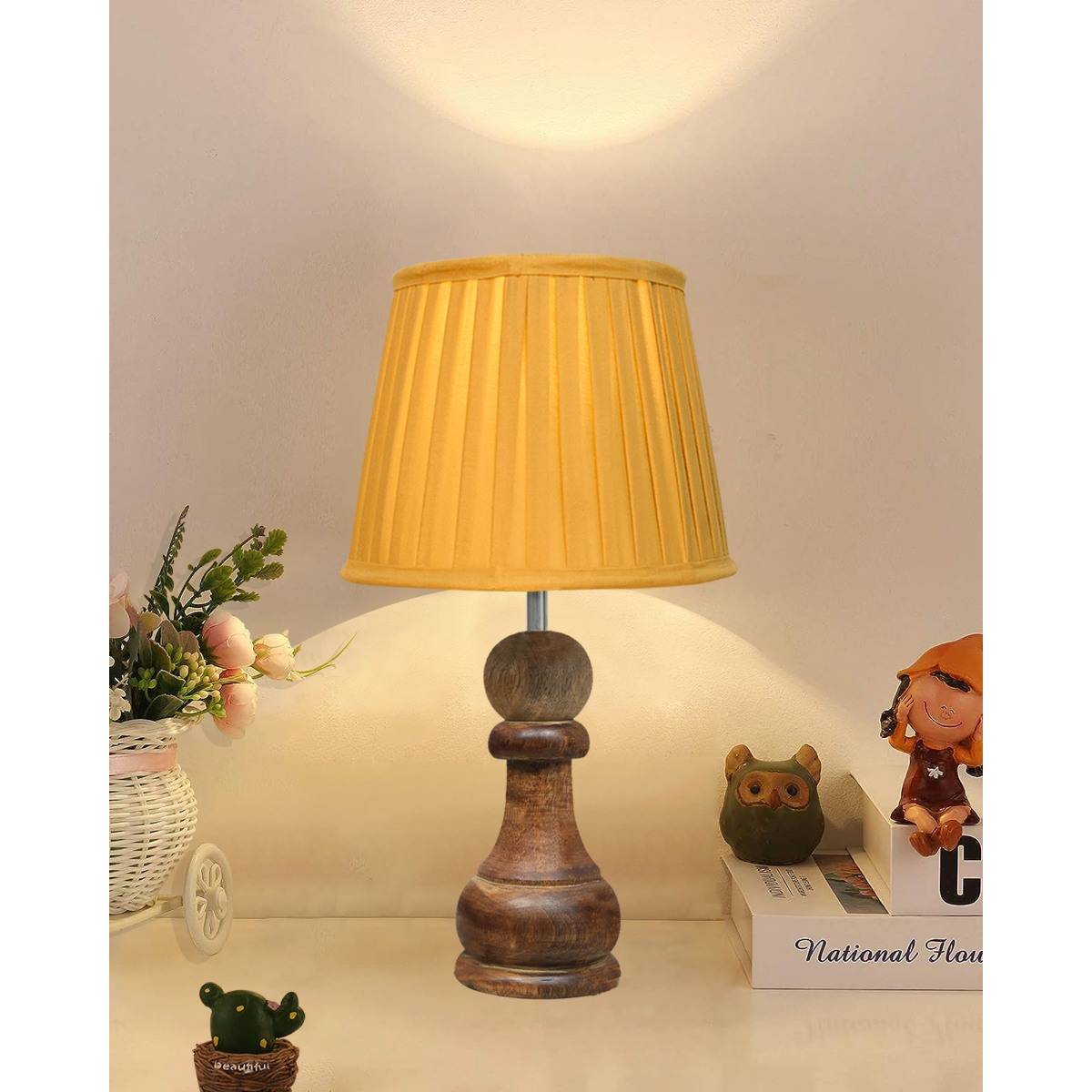 Homesake Rustic Table Lamp Wood Pawn Ribbed Beige Shade