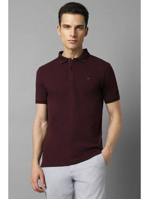 Louis Philippe Men Maroon Solid Polo Neck T-Shirt
