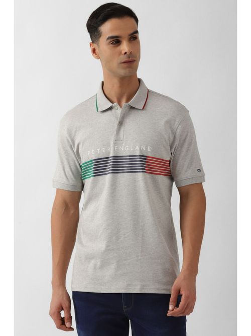 Buy Peter England Men Grey Stripe Polo Neck T-Shirt Online