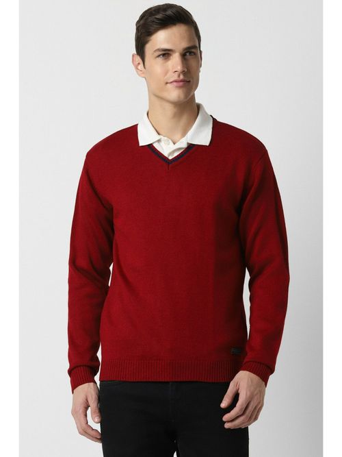 Peter England Men Red Solid V Neck Sweater - Main Image