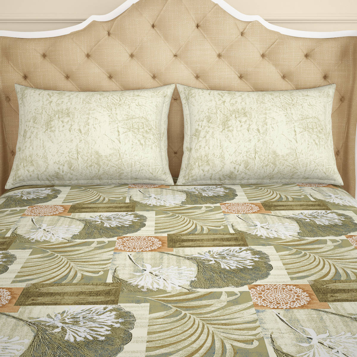 Buy Spaces Atrium Floral Beige 1 King Size Fitted Sheets With 2 Pillow ...