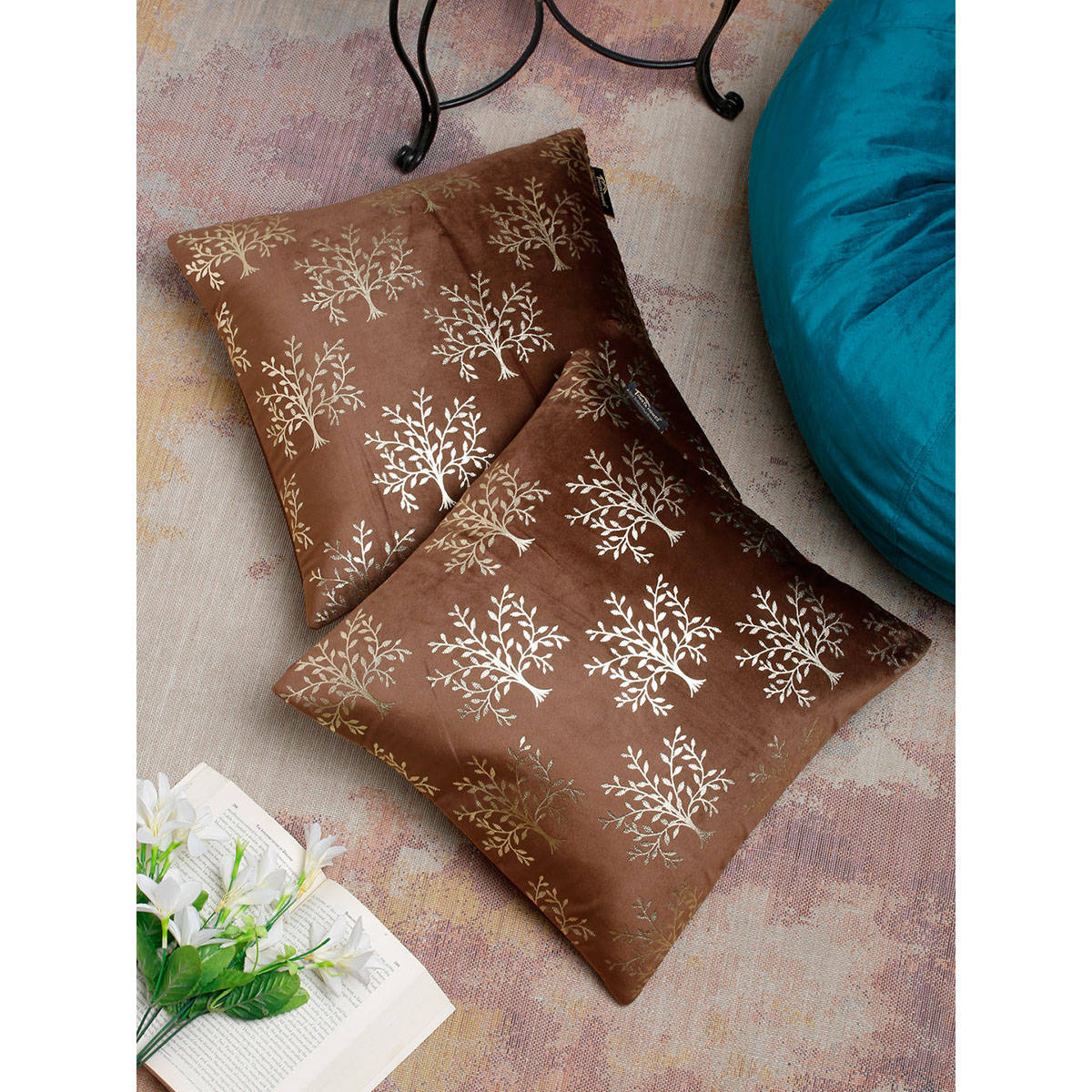 HOSTA HOMES Brown & Gold Set of 2 Ethnic Motifs Velvet Square Cushion Covers 16x16 inches