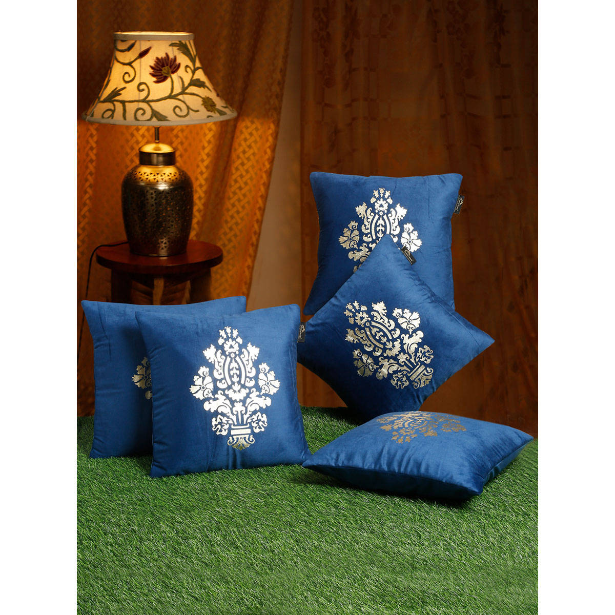 HOSTA HOMES Navy Blue & Gold-Toned Set of 5 Ethnic Motifs Velvet Square Cushion Covers 16x16 inches