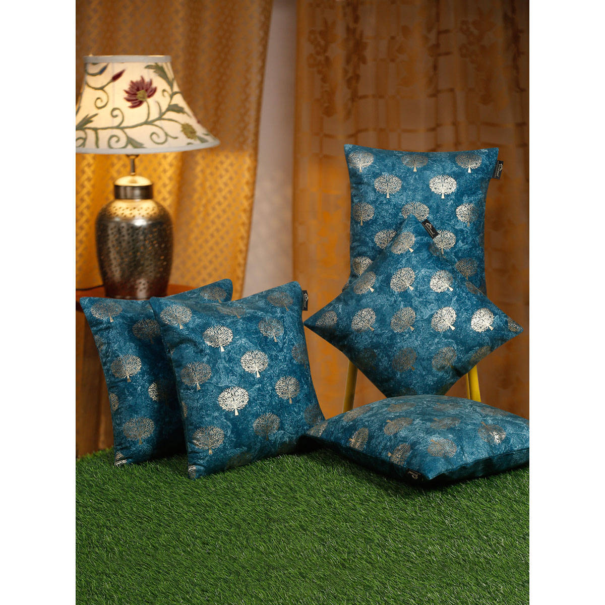 HOSTA HOMES Teal & Gold-Toned 5 Pieces Ethnic Motifs Velvet Square Cushion Covers 16x16 inches