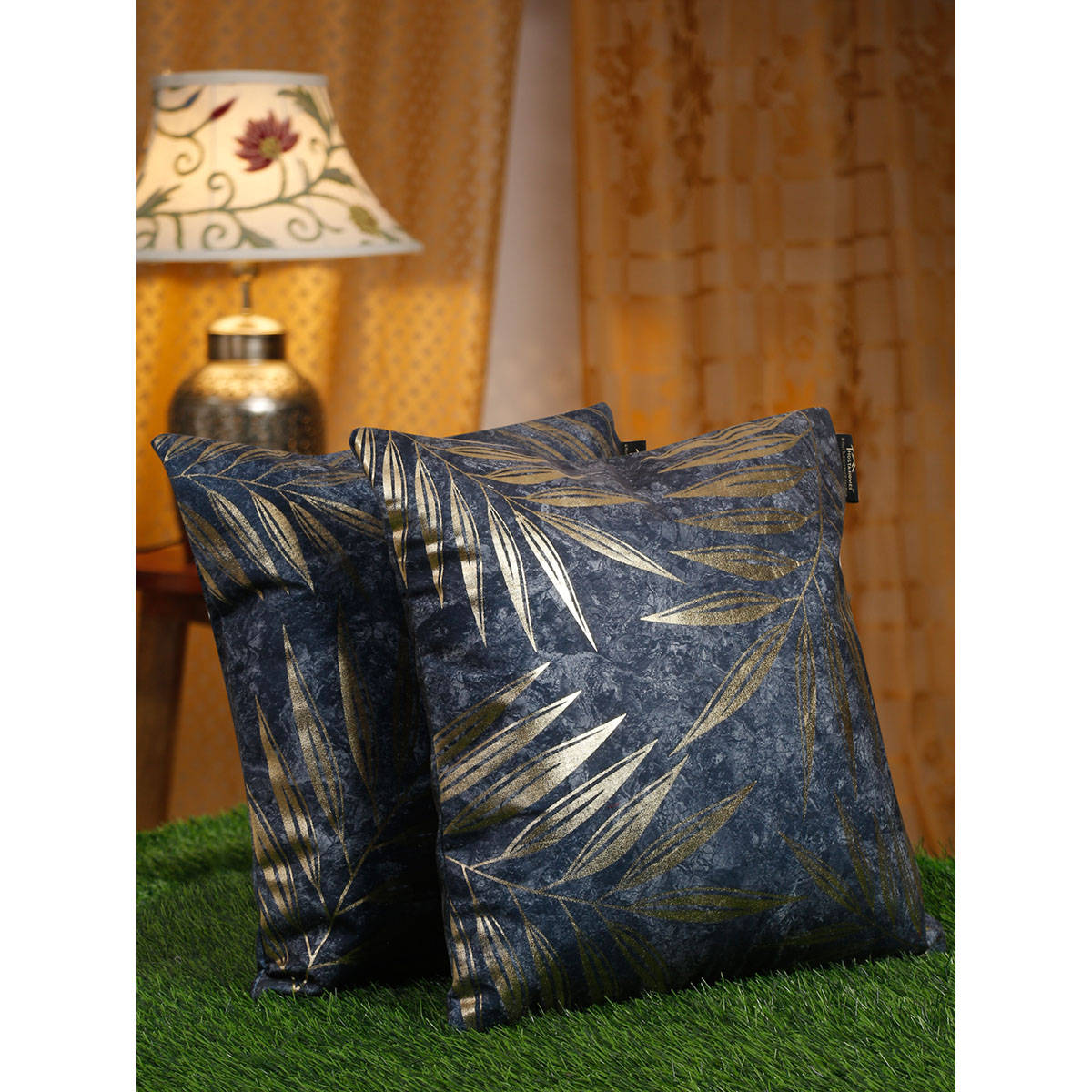 HOSTA HOMES Grey & Gold-Toned 2 Pieces Floral Velvet Square Cushion Covers 16x16 inches