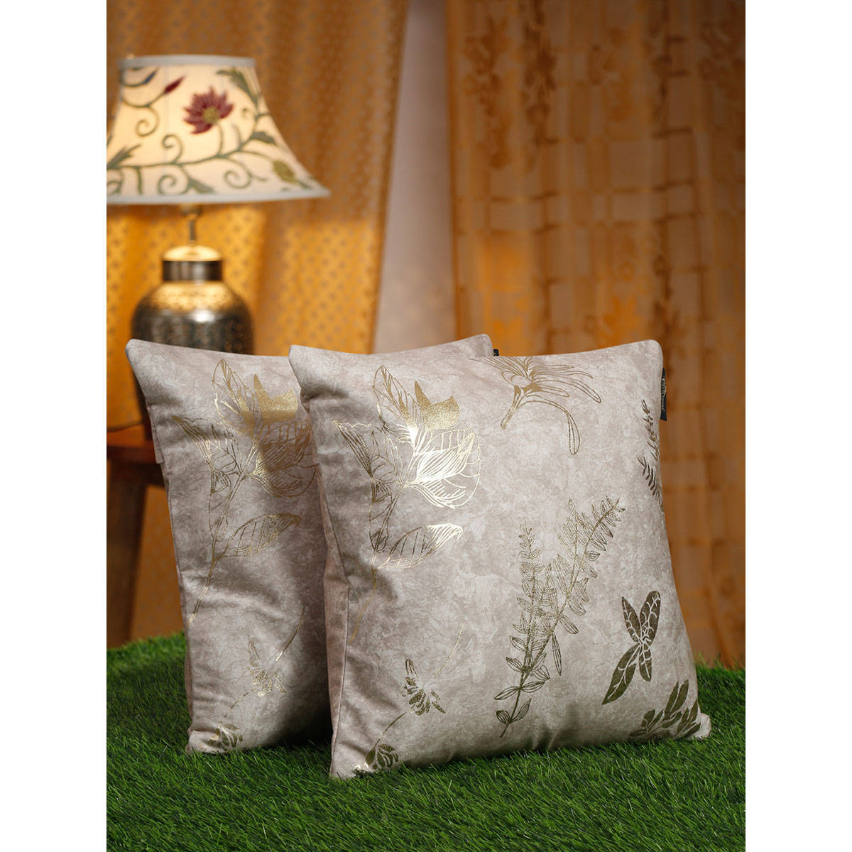 HOSTA HOMES Cream-Coloured & Gold-Toned 2 Pieces Floral Velvet Square Cushion Covers 16x16 inches