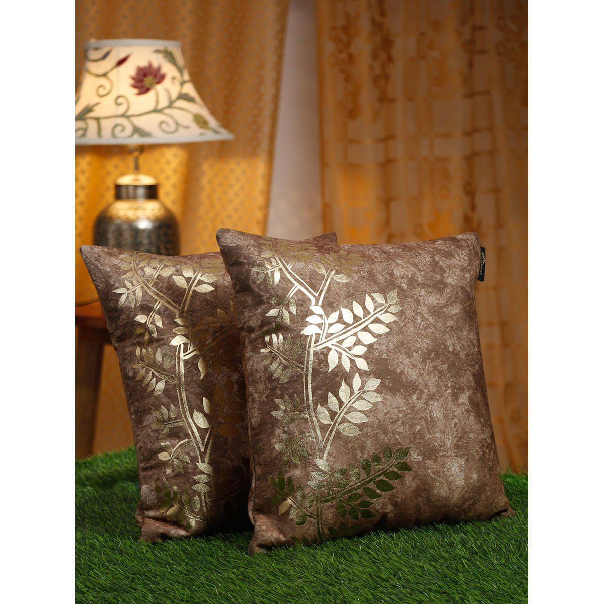 HOSTA HOMES Brown & Gold-Toned 2 Pieces Ethnic Motifs Velvet Square Cushion Covers 16x16 inches