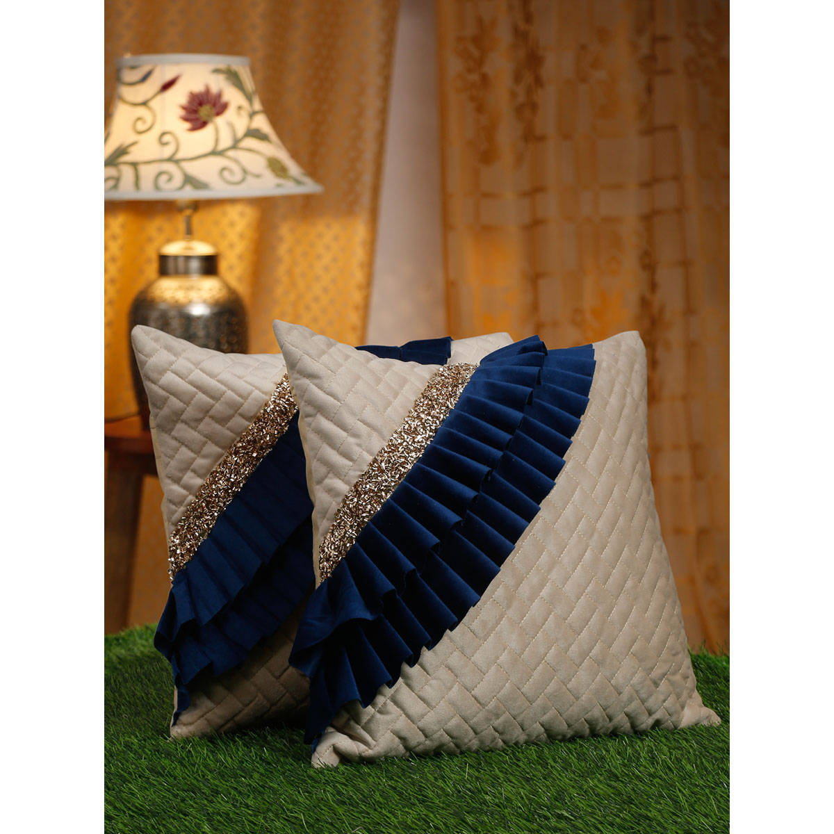 HOSTA HOMES Off White & Navy Blue 2 Pieces Geometric Square Cushion Covers 16x16 inches