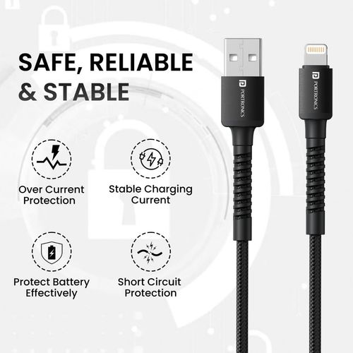 Portronics Konenct X 3A USB to Pin 2M Cable for Lightning Devices-Black
