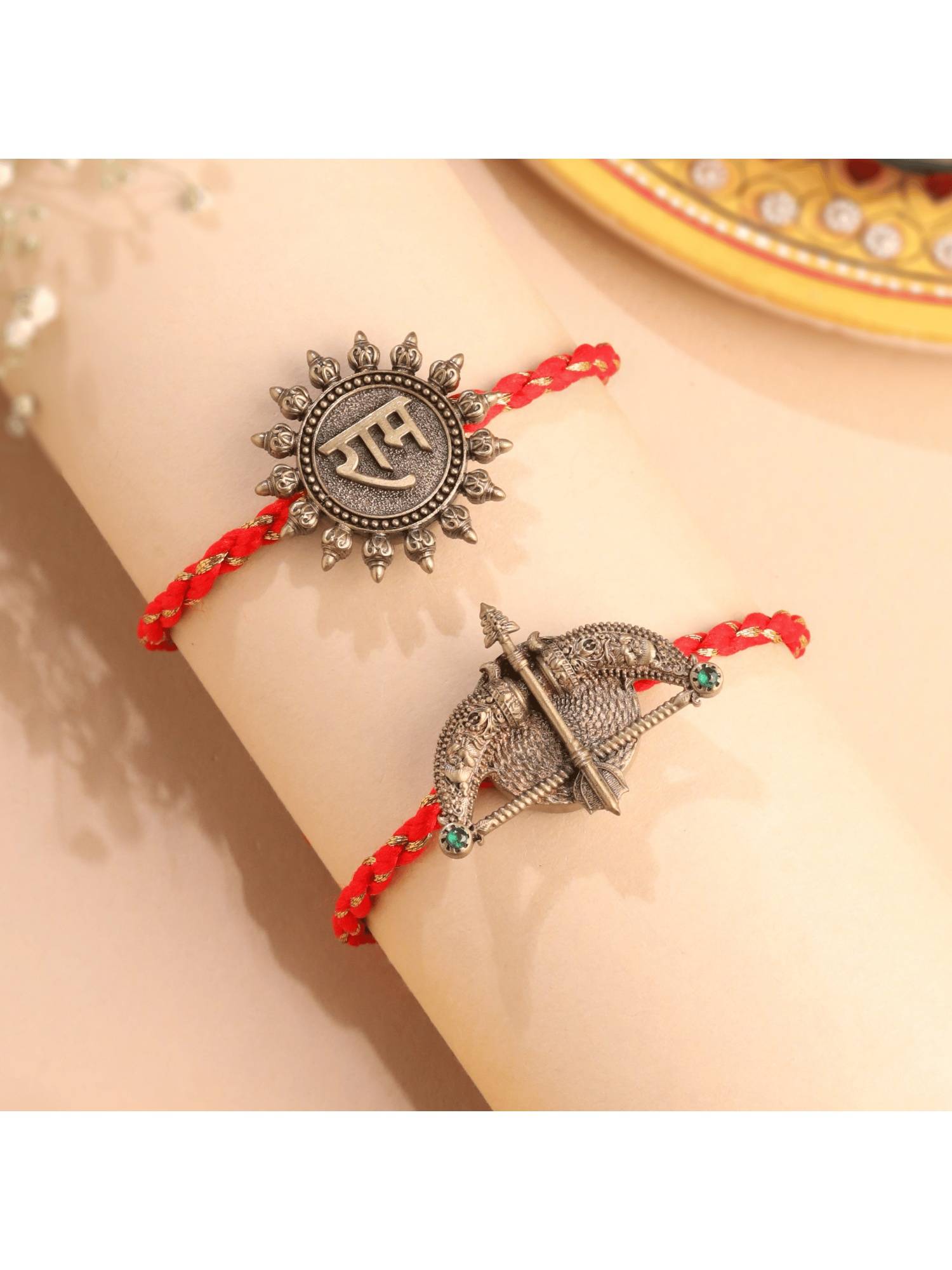 Cosa Nostraa Shri Ram And Ram Dhanush Antique Gold Premium Rakhi (Pack Of 2)