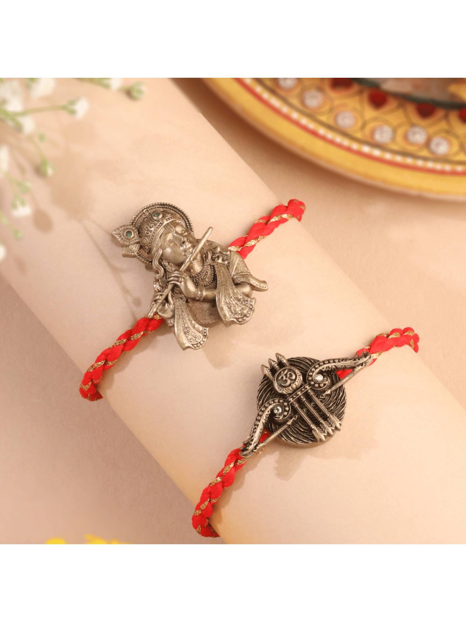 Cosa Nostraa Lord Krishna And Khatu Shyam Ji Tridhanush Designer Rakhi (Pack Of 2)