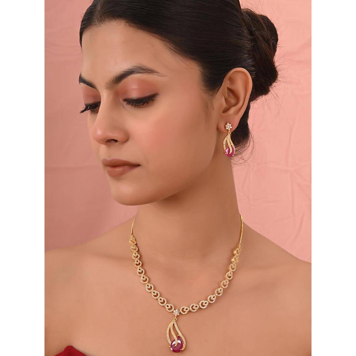 Ratnavali Jewels Gold Plated American Diamond Red Drop Necklace Jewellery Set