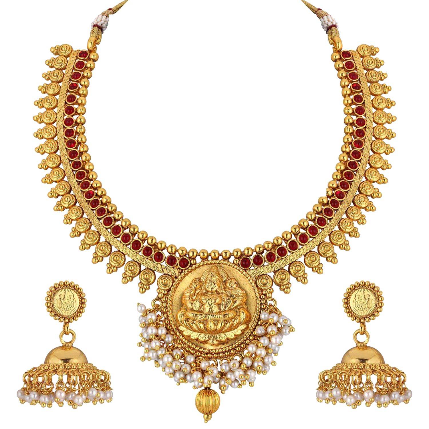 Peora Temple Jewellery Gold Plated Goddess Laxmi Pearl Necklace Jhumki Earrings (PF37N013R)